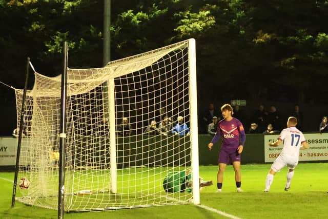 Diamonds player-boss Elliot Sandy (no.17) celebrates as Tarik Dallas's late strike hits the net (Picture: Shaun Frankham)