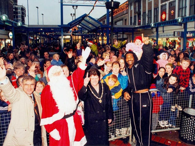 Corby mayor Jimmy Noble at the switching on of the town's Christmas lights switch-on in 1997, which was done by Saracen from Gladiators