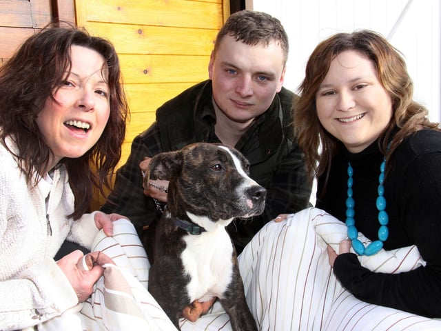 Wellingborough Dog Welfare associates Linda Harris, Steven Thomas and Katie Mawston with Bonnie appeal for bedding and toys