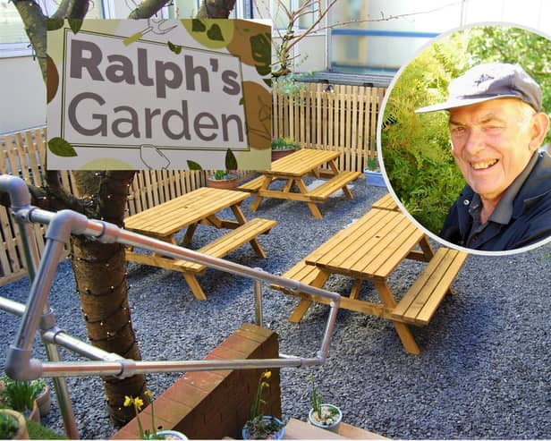 Ralph Howe (inset) with the garden dedicated to him/KGH