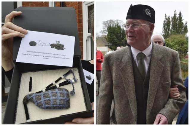 John Millin (right) was guest of honour at the commemorative ceremony, where he was presented with a set of bagpipes made from the wool of a jumper that his war hero dad, Piper Bill Millin, used to wear all the time.