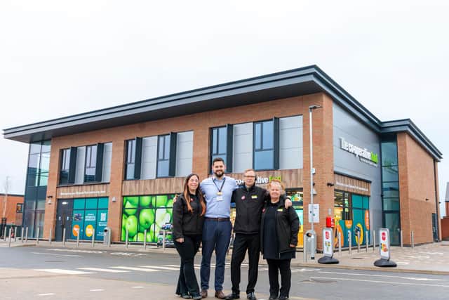 The new 4,682 sq ft store is the biggest and greenest in the Heart of England Co-op’s 38-strong portfolio. Pictured outside the new food store on launch day are Hannah Baldwin (team leader), Rob Owen (area manager) and Robert Jones (store manager).