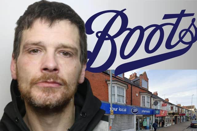 Jason Robert Brittain has been banned from every Boots store in Northants. Image: NW / Northants Police / Boots / Google