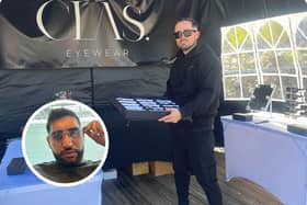 Connor at his Rushden Lakes pop-up and, inset, Amir Khan wearing his sunglasses