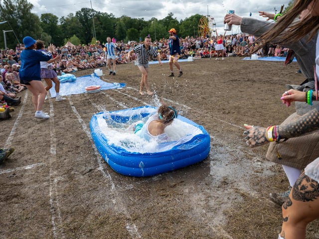 Teams competing in the annual Shambolympics at Shambala on Sunday, August 30, 2026. Photo by David Jackson.