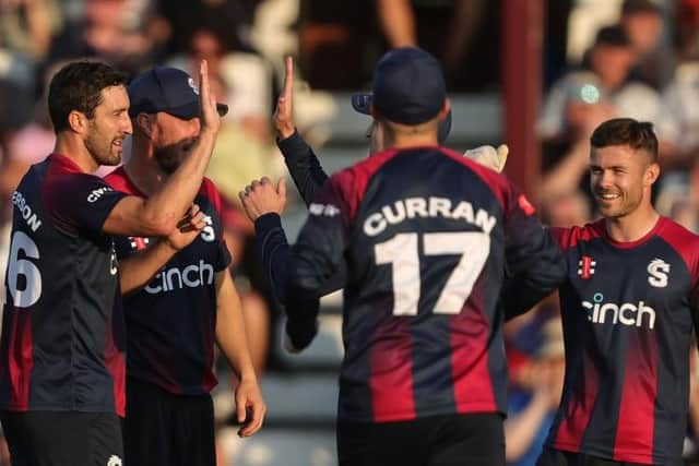 Ben Sanderson celebrates claiming the wicket of Rob Yates