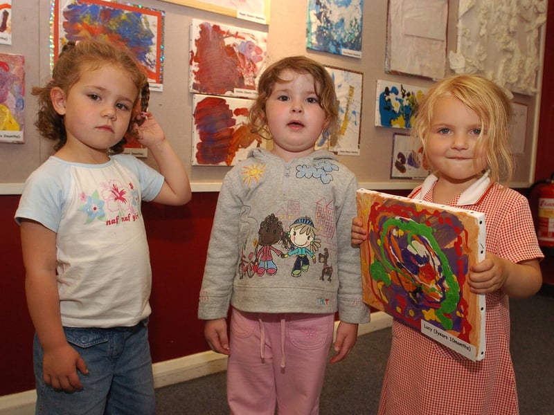 Emily Wood, 4, Amber Oliver, 3, and Lucy Issitt, 3 with some of their artwork in 2016.
