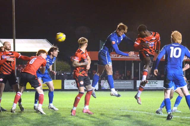 Levi Andoh heads home to make it 3-3 against Bury Town (Picture: Mark Hope @KTFC)