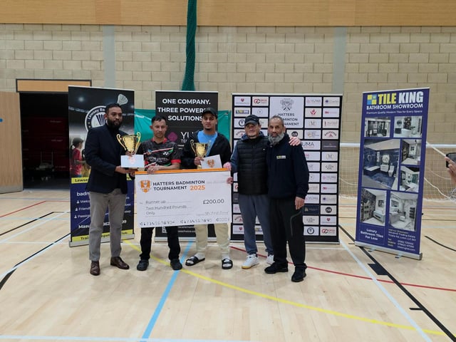 D+ and D- category finalists pictured together during the Hatters Badminton Tournament 2025.