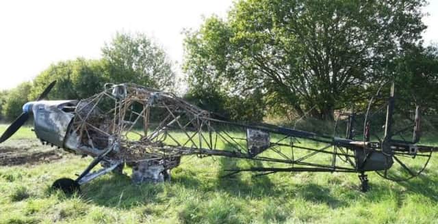 The wreckage of the burned-out plane at Spanhoe