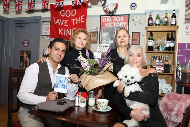 Kettering, support dog saved by owners
L-R: Reza Horri, owners Jarmen and Jasmen Avedisian and Kirsty Jordan with Chyna.
A support dog who suffered a reaction after he was stung by a wasp was saved thanks to quick-thinking staff at a Kettering cafe.
 October 2020