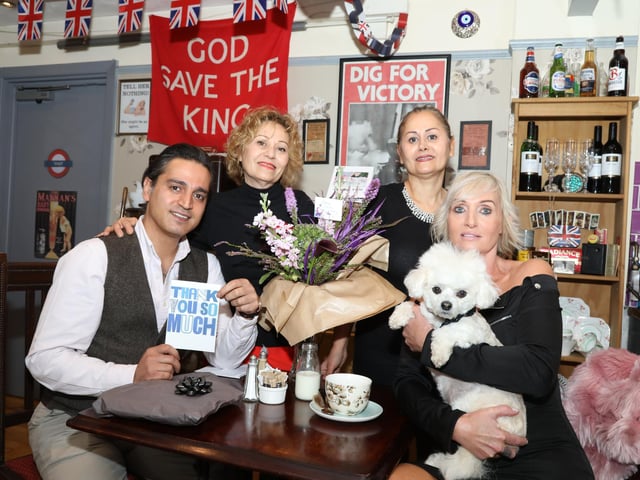 Kettering, support dog saved by owners
L-R: Reza Horri, owners Jarmen and Jasmen Avedisian and Kirsty Jordan with Chyna.
A support dog who suffered a reaction after he was stung by a wasp was saved thanks to quick-thinking staff at a Kettering cafe.
October 2020