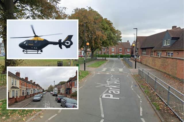 Park Avenue Kettering (Google), inset: Police helicopter (National World / Charles Street Kettering (Google)