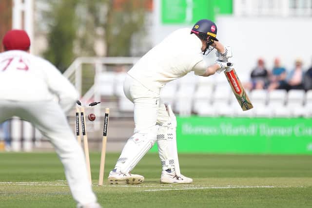 England's Zak Crawley is bowled by Liam Guthrie (Picture: Peter Short)