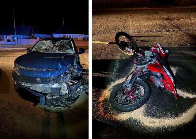 The damage caused to the SUV and the off-road bike in Corby's Studfall Avenue last night