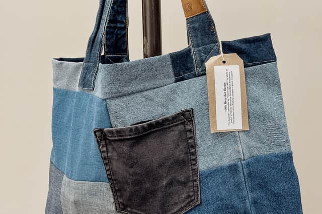 One of the denim bags made by inmates