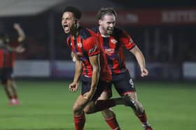 Blaine Rowe celebrates scoring Kettering Town's third goal against Anstey Nomads (Picture: Peter Short)