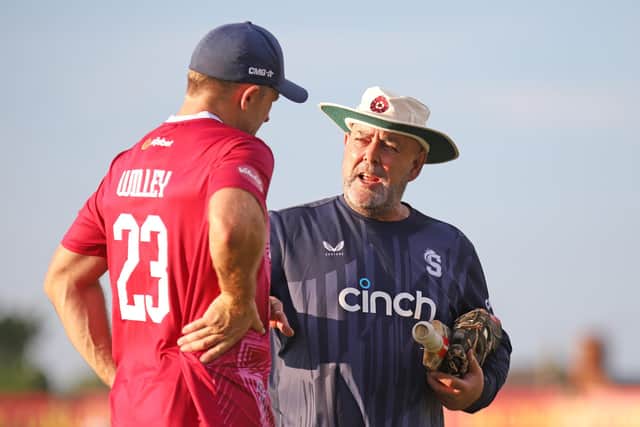 Skipper David Willey and head coach Darren Lehmann in conversation between innings (Picture: Peter Short)