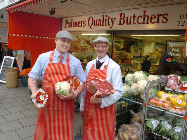 Palmers Quality Butchers: Kettering: Gold St Butchers shop now opening up a fruit and veg shop next to butchers l-r Jamie Cooper and David Hopkins managers outside the shop. 2012