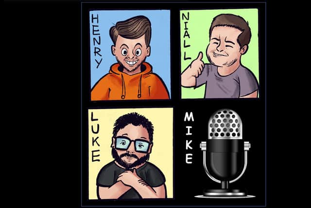 Max Champion's artwork for their A Different Space podcast Luke, Niall and Henry