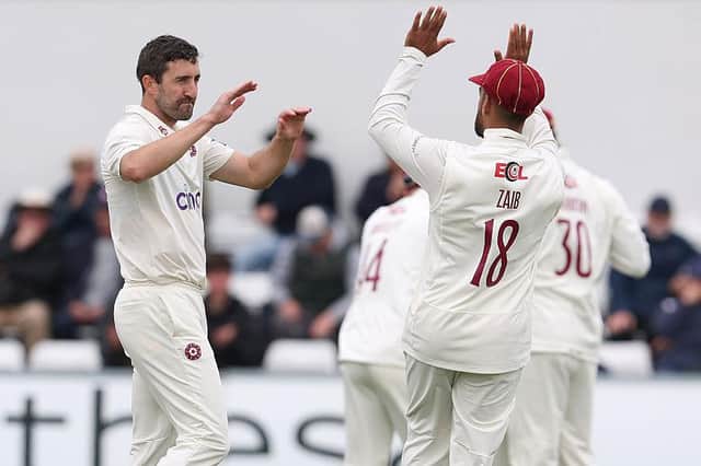 Ben Sanderson celebrates the dismissal od Middlesex skipper Leus du Plooy at the County Ground (Photo by David Rogers/Getty Images)