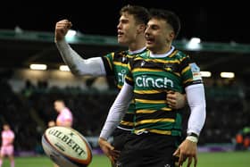 Edoardo Todaro celebrated with Tommy Freeman after scoring two tries against Harlequins (photo by David Rogers/Getty Images)