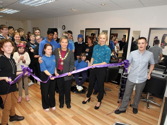 Kettering The Studio newest venture by Wren Spinney School official opening by Katie Razzall l-r Shannon Faulkner, Casey Stapleford, Mayor of Kettering Keli Watts, Katie Razzall, Daniel Keene - 2013