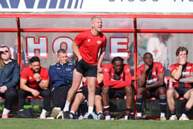 Richard Lavery issues instructions from the dugout during the closing stages of Monday's play-off final against AFC Telford United (Picture: Peter Short)