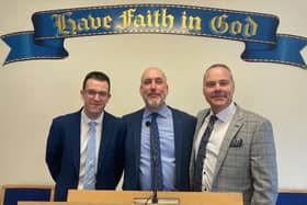 Visiting preachers from Whitewell Metropolitan Tabernacle, pastor Nigel Begley with bible school students Alan Kee and Andrew Aitchison