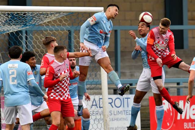 Action from Wellingborough Town's 3-0 win at Rugby Town on Saturday (Picture: Martin Pulley)