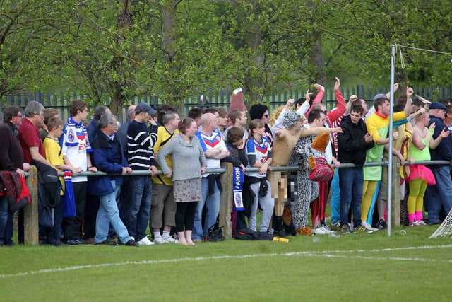 UCL football Spencer V AFC Rushden & Diamonds at Kingsthorpe Mill, action and AFC Rushden & Diamonds players and fans celebrating promotion.