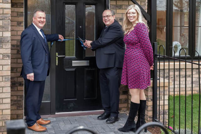 (From left) Vistry East Midlands managing director Fraser Hopes, Councillor David Fuller, and sales manager Hannah Dorner at the ribbon cutting ceremony to officially open the show home