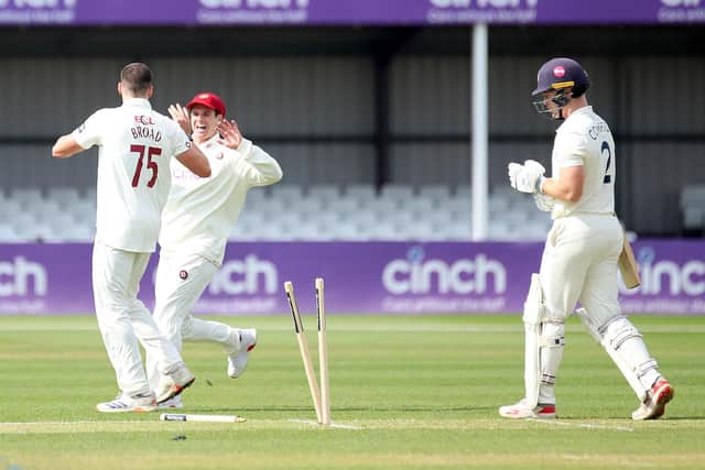 Justin Broad celebrates after dismissing Kent's Ben Compton (Picture: Peter Short)