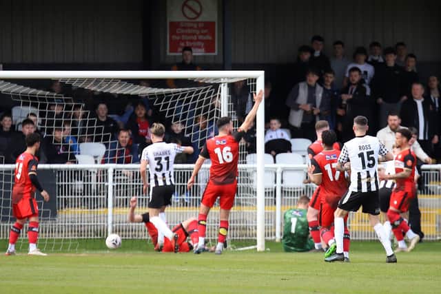 Glen Taylor scores the second of his four goals as he led Spennymoor to victory over the Poppies