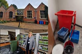 Kettering Library/a wheelie bin and buckets catching water in the new extension/Cllr Helen Howell from NNC