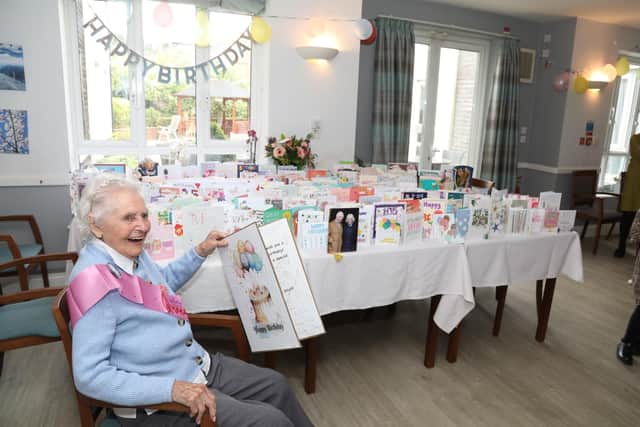 Avice Hammond who celebrated her 105th birthday on September 12, 2024, with all her cards /National World