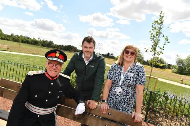 (L-R) Lord-Lieutenant of Northamptonshire, Chris Tompkins, Cllr Helen Howell at Stanton Cross, Wellingborough