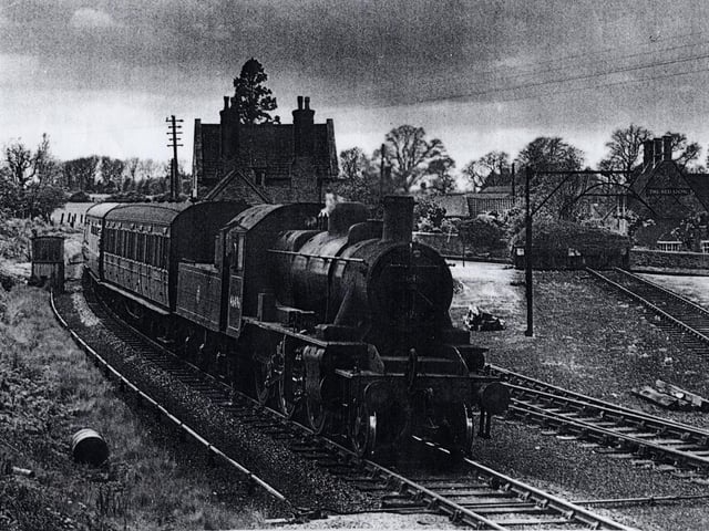 Cranford Station on Saturday, 10 May 1958 with the 2.10pm Kettering to Cambridge train. The station had already closed to passengers two years earlier.