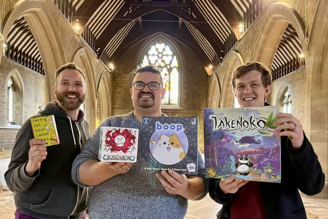 l-r Dez Dell, Gavin Price and Rev Tom Houston in Kettering Arts Centre