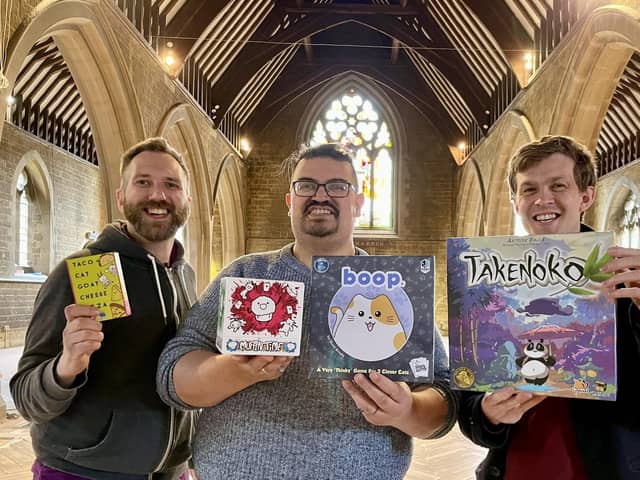 l-r Dez Dell, Gavin Price and Rev Tom Houston in Kettering Arts Centre