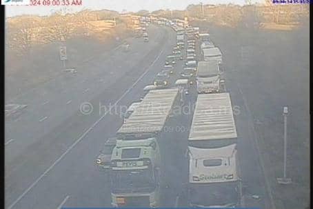 There is queueing traffic on the M1 southbound in Northamptonshire. Photo: Motorwaycameras.co.uk.