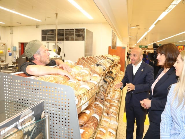 Rachel Reeves Shadow Chancellor visits Kettering Morrisons and Cheaney Shoes in Desborough with her sister Ellie Reeves and candidate Rosie Wrighting:Rachel Reeves in Kettering and Desborough