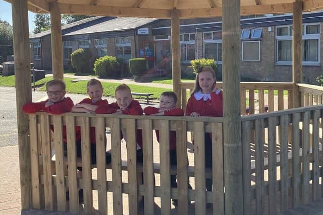 The gazebo provides a calm space for children.