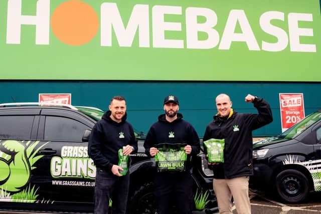 The Grass Gains team, pictured at Homebase in Milton Keynes, celebrating their product launch.