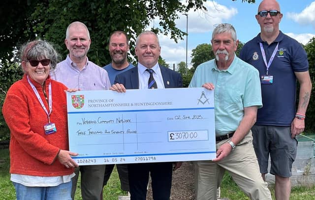 Pictured Left to Right, Dr Gill Le Page (VCN Services Director) John Ford (LUS Member), Mr Mick Davis, (a service user), Andy Huggett, Bob Smith, (LUS member & Provincial Grand Charity Representative) and Mr Chris Hearn, (VCN Trustee)