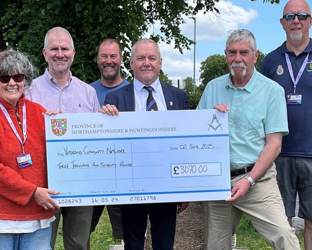 Pictured Left to Right, Dr Gill Le Page (VCN Services Director) John Ford (LUS Member), Mr Mick Davis, (a service user), Andy Huggett, Bob Smith, (LUS member & Provincial Grand Charity Representative)  and Mr Chris Hearn, (VCN Trustee)
