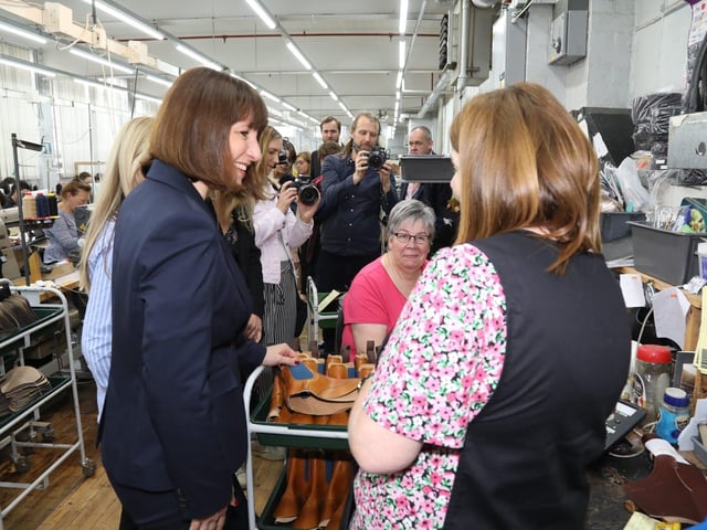 Rachel Reeves Shadow Chancellor visits Kettering Morrisons and Cheaney Shoes in Desborough with her sister Ellie Reeves and candidate Rosie Wrighting:Rachel Reeves in Kettering and Desborough