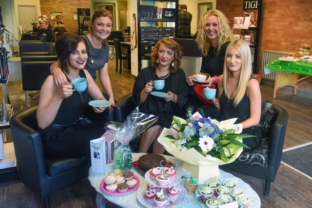 Anna Campbell (2nd right) and staff from her salon in York Road who held a coffee morning in aid of Macmillan in 2015. Pictured with Anna are l-r Danielle Pennick, Nicola Moreland, Kayliegh Brackstone, and Abbie Smith.