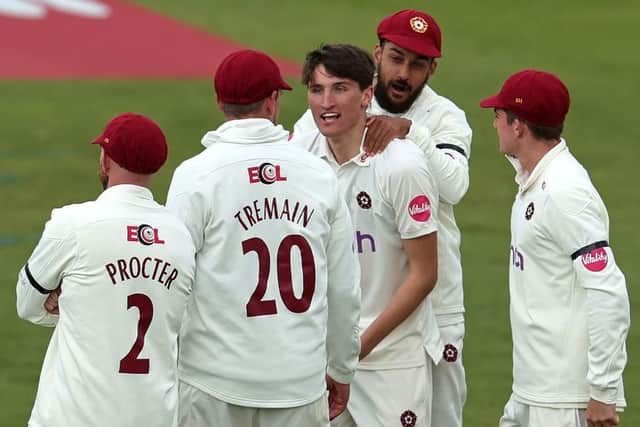 Raphy Weatherall celebrates claiming the wicket of Kiran Carlson (Photo by David Rogers/Getty Images)