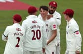 Raphy Weatherall celebrates claiming the wicket of Kiran Carlson (Photo by David Rogers/Getty Images)
